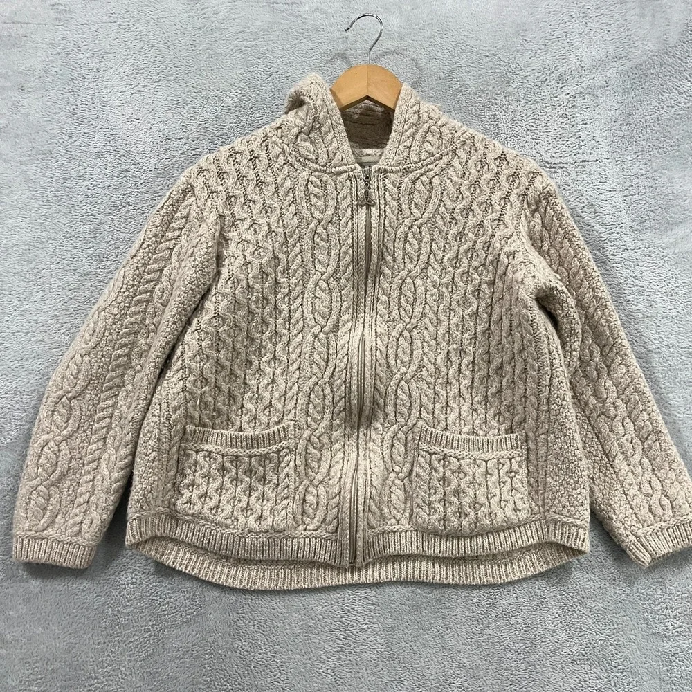 Aran‎ Crafts Sweater Women Medium Cable Knit Merino Wool Ireland Cardigan Hood